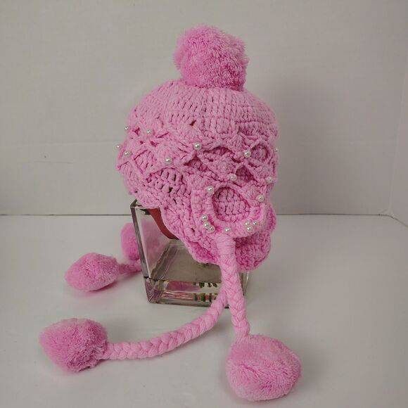 Handmade Crochet Pastel Beanie Winter Hat Baby /Toddler Tassel Pom Pom Pearls #4 - Picture 3 of 4